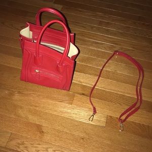Red leather tote with adjustable strap